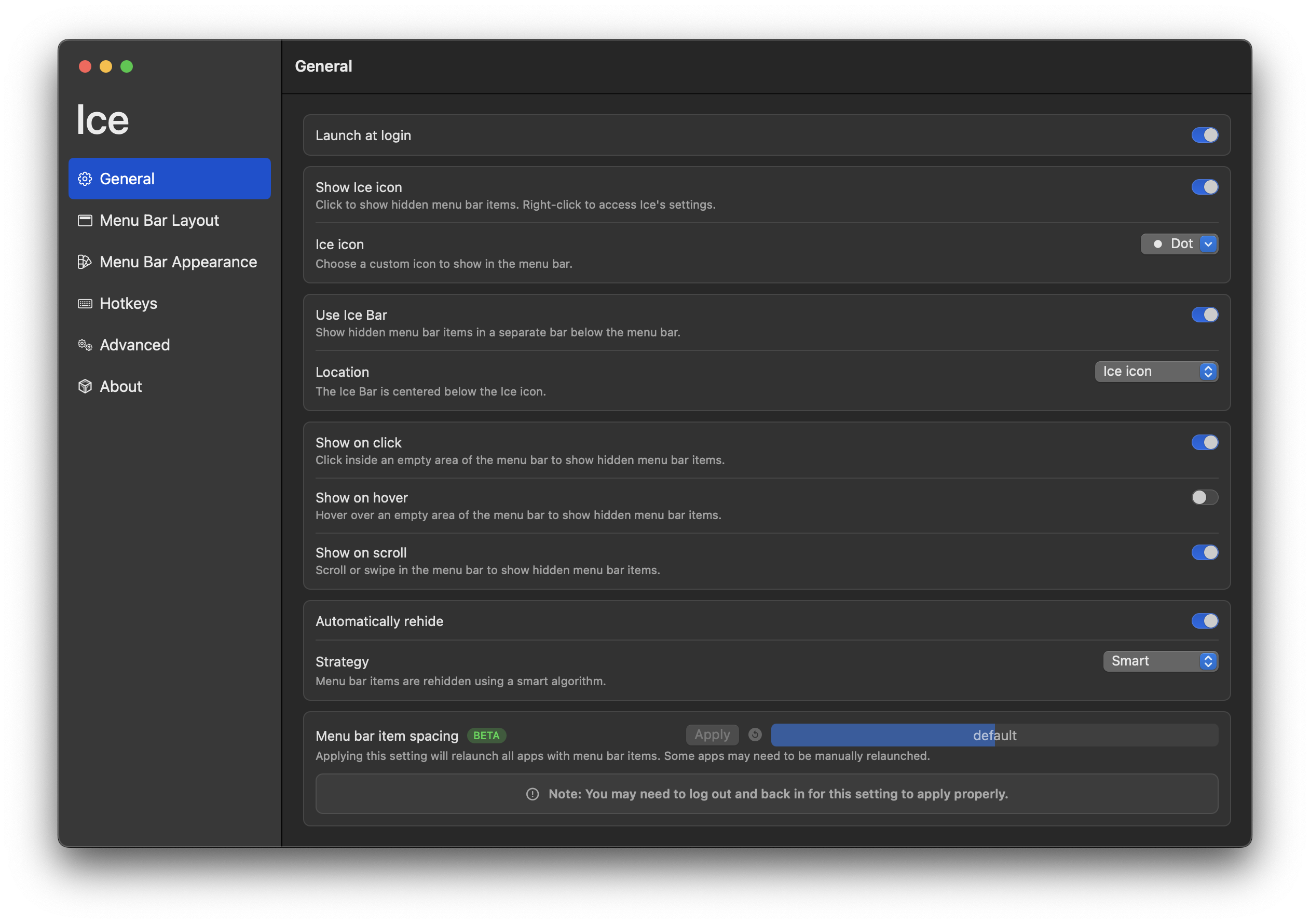 Ustawienia ogólne Ice